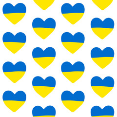 Vector seamless pattern of hand drawn doodle sketch heart with Ukraine flag isolated on white background