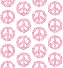 Vector seamless pattern of flat peace sign with pink flowers isolated on white background