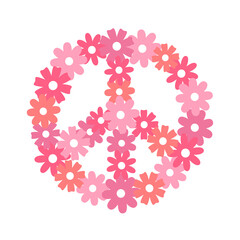 Vector flat peace sign with pink flowers isolated on white background