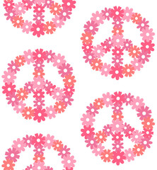 Vector seamless pattern of flat peace sign with flowers isolated on white background