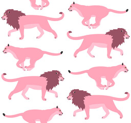 Vector seamless pattern of flat pink lion and lioness isolated on white background