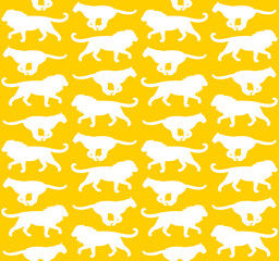 Vector seamless pattern of flat lion and lioness silhouette isolated on yellow background