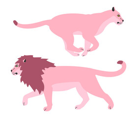 Vector flat pink lion and lioness isolated on white background