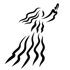 woman in a long dress raises her hands to the sky