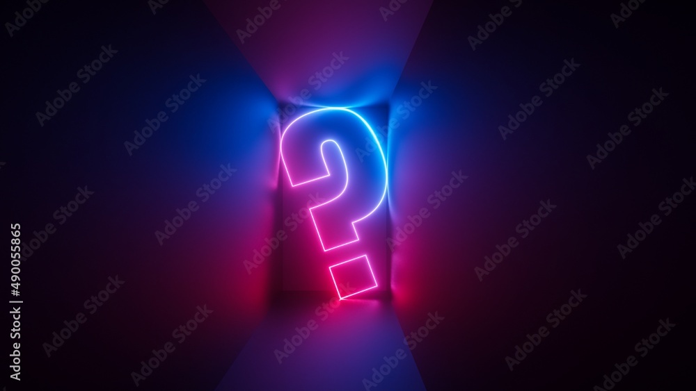 Poster 3d render, abstract background with question mark. simple symbol inside the square box, glowing with