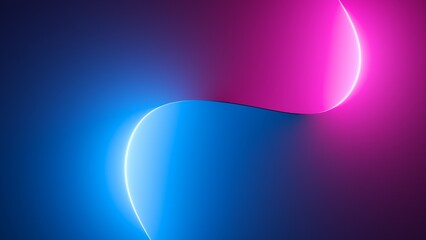 3d render, abstract pink blue neon background with glowing curvy line. Dark wall illuminated with led lamps. Minimal wallpaper
