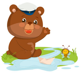 Funny teddy bear and a bee launch a paper boat through the puddles.