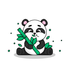 A cute panda holds bamboo in its paws and eats it. Vector illustration isolated on white background. 