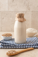 Vegetarian milk with different ingredients: oatmeal, rice and buckwheat. Alternative milk. Lactose-free.