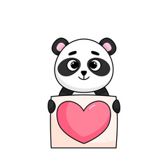 A cute panda holds a poster with a heart in its paws. Vector illustration isolated on white background. 