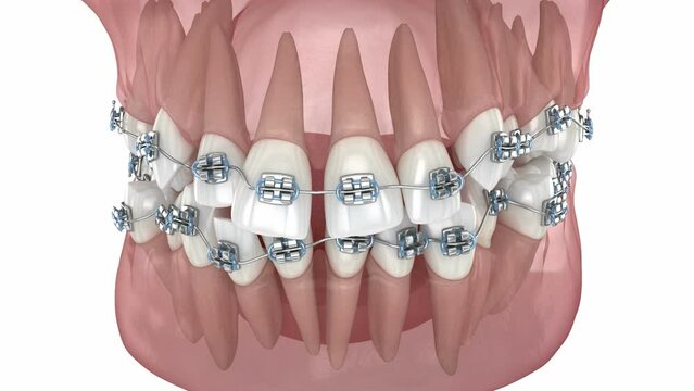 Abnormal teeth position and correction with metal braces tretament. Medically accurate dental 3D animation