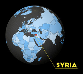 Syria on dark globe with blue world map. Red country highlighted. Satellite world view centered to Syria with country name. Vector Illustration.