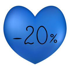 Heart and Sale. Blue heart. Seasonal discount -20% for Valentines Day. Colored vector illustration. Symbol of love. Holiday sale. Isolated background. Idea for web design, banner.