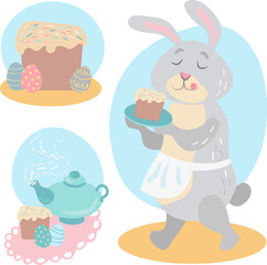 A set of vector illustrations: a cute little rabbit carries an Easter cake, a teapot with tea and an Easter cake, Easter eggs.