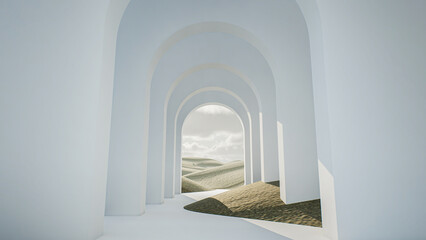 Obraz premium 3d geometric corridor with beautiful sky background