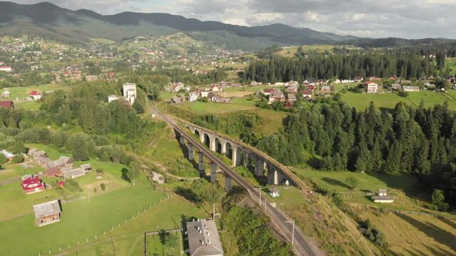 Historic viaduct in Vorokhta village in the Carpathian Mountains, Ukraine