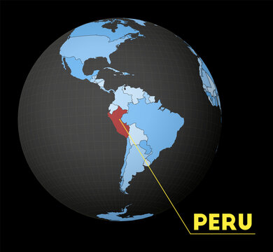 Peru on dark globe with blue world map. Red country highlighted. Satellite world view centered to Peru with country name. Vector Illustration.
