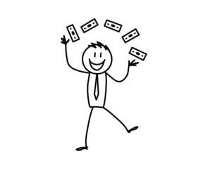 Rich man and scattered banknotes. Sketch. Vector illustration.