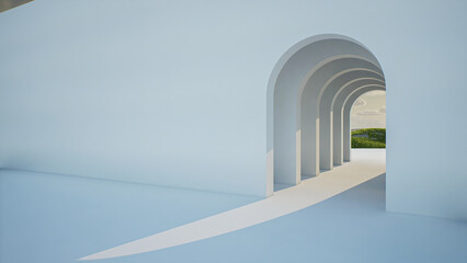 3d geometric corridor with beautiful blue sky background