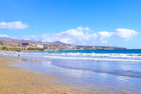 The beach from "Playa del Ingles" with the holiday destination "San Antonio" in background, Gran Canaria - Spain