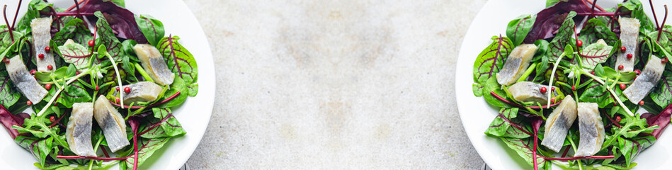 salad herring fish slices seafood green leaf lettuce fresh healthy meal Easter food snack on the table copy space food background 