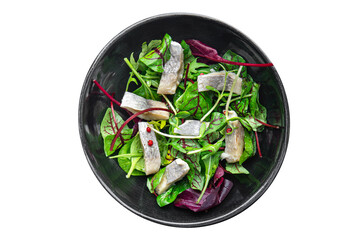 salad herring fish slices seafood green leaf lettuce fresh healthy meal Easter food snack on the table copy space food background 