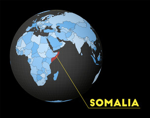 Somalia highlighted on a dark globe with a blue world map. Satellite view centered on Somalia with the country name. Vector illustration.