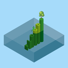 Global warming and environmental concern concept of sea level rise, flood, climate change, greenhouse effect, deforestation. A man runs and steps up a text word FLOOD underwater to a tree on top.