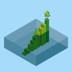 Global warming and environmental concern concept of sea level rise, flood, climate change, greenhouse effect, deforestation. A man runs and steps up a text word SEA LEVEL underwater to a tree on top.