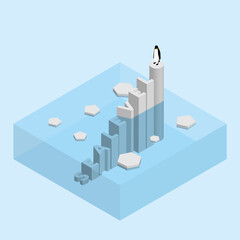 Penguin on text wording iceberg. Global warming and ice melting concept of sea level rise, world flood, climate change, greenhouse effect and floating glacier in Arctic, Antarctic and North Pole.