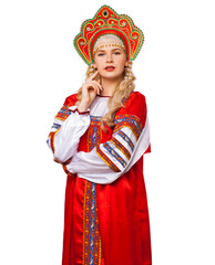 Traditional Russian folk costume, portrait of a young beautiful girl