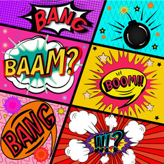 Set of pop art sound effects for comics. Pop art speech balloon bundle for comic books.