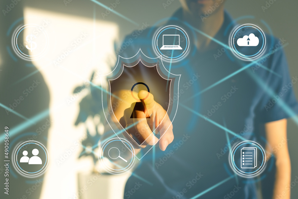 Poster cyber security network. padlock icon and internet technology networking. businessman protecting data