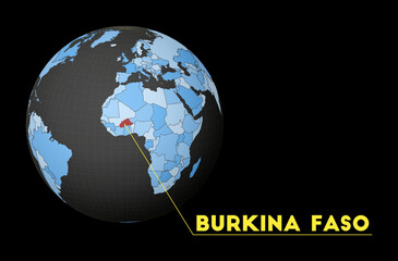 Burkina Faso highlighted on a dark globe with a blue world map. Satellite view centered on Burkina Faso with the country name displayed. Vector illustration.