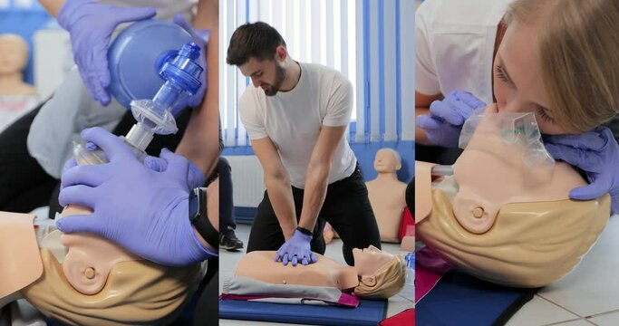 Collage of CPR training using and an AED and bag mask valve on an adult training manikin.