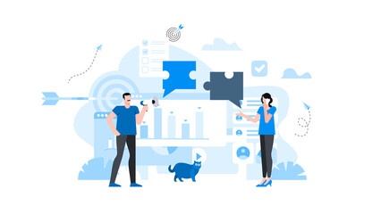 A man and a woman communicate using puzzles. Animation ready duik friendly vector Illustration. Conceptual business story. Puzzle connection, teamwork abstract metaphor, partnership, collaboration.