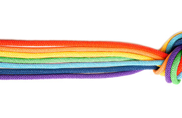 Rainbow dyed cotton cords knotted together