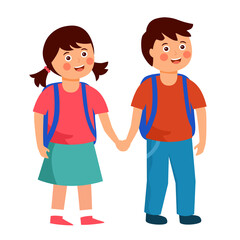 Boy and girl students with school bag in flat design on white background.