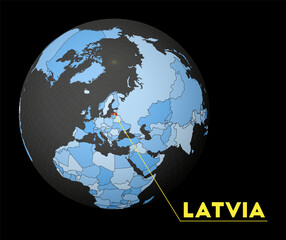 Latvia on dark globe with blue world map. Red country highlighted. Satellite world view centered to Latvia with country name. Vector Illustration.