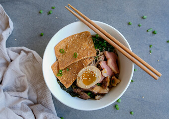 Home cooked Japanese meal. Duck Soba Noodle Soup. Couple with the smoked duck breast and inari age,...