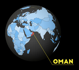 Oman on dark globe with blue world map. Red country highlighted. Satellite world view centered to Oman with country name. Vector Illustration. - obrazy, fototapety, plakaty