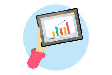 Man holding a tablet in his hand. Business presentation on a tablet. Flat illustration.	