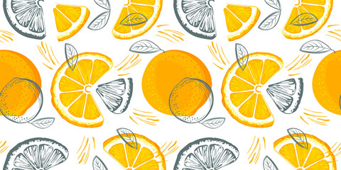 Orange seamless pattern. Colorful sketch lemons. Citrus fruit background. Elements for menu, greeting cards, wrapping paper, cosmetics packaging, posters etc