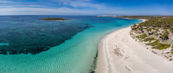 Es Carbo beach, Virgin sand beach without people, Ses Salines, Mallorca, Balearic Islands, Spain