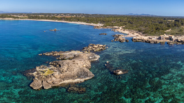 Estopa islet and Es Dol&ccedil; Beach, Ses Salines, Mallorca, Balearic Islands, Spain