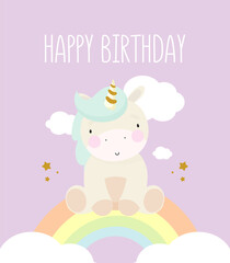 Birthday Party, Greeting Card, Party Invitation. Kids illustration with Magic Unicorn. Vector illustration in cartoon style.