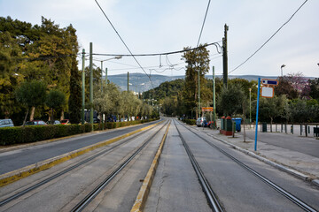 Fragment of tram tracks on Street, free roads. A moment without cars, an empty road. Everybody stay at home