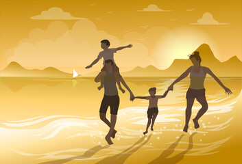 Silhouette of happy family who dancing on the beach at the sunset time. People having fun on the sea. Concept of friendship forever and of summer vacation.