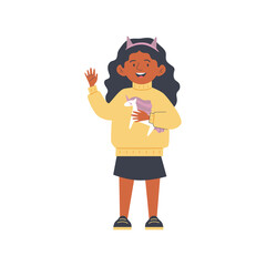 African American kid girl with toy waving hand flat vector illustration isolated.