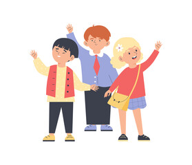 Children group with hello and welcome gesture, flat vector illustration isolated.